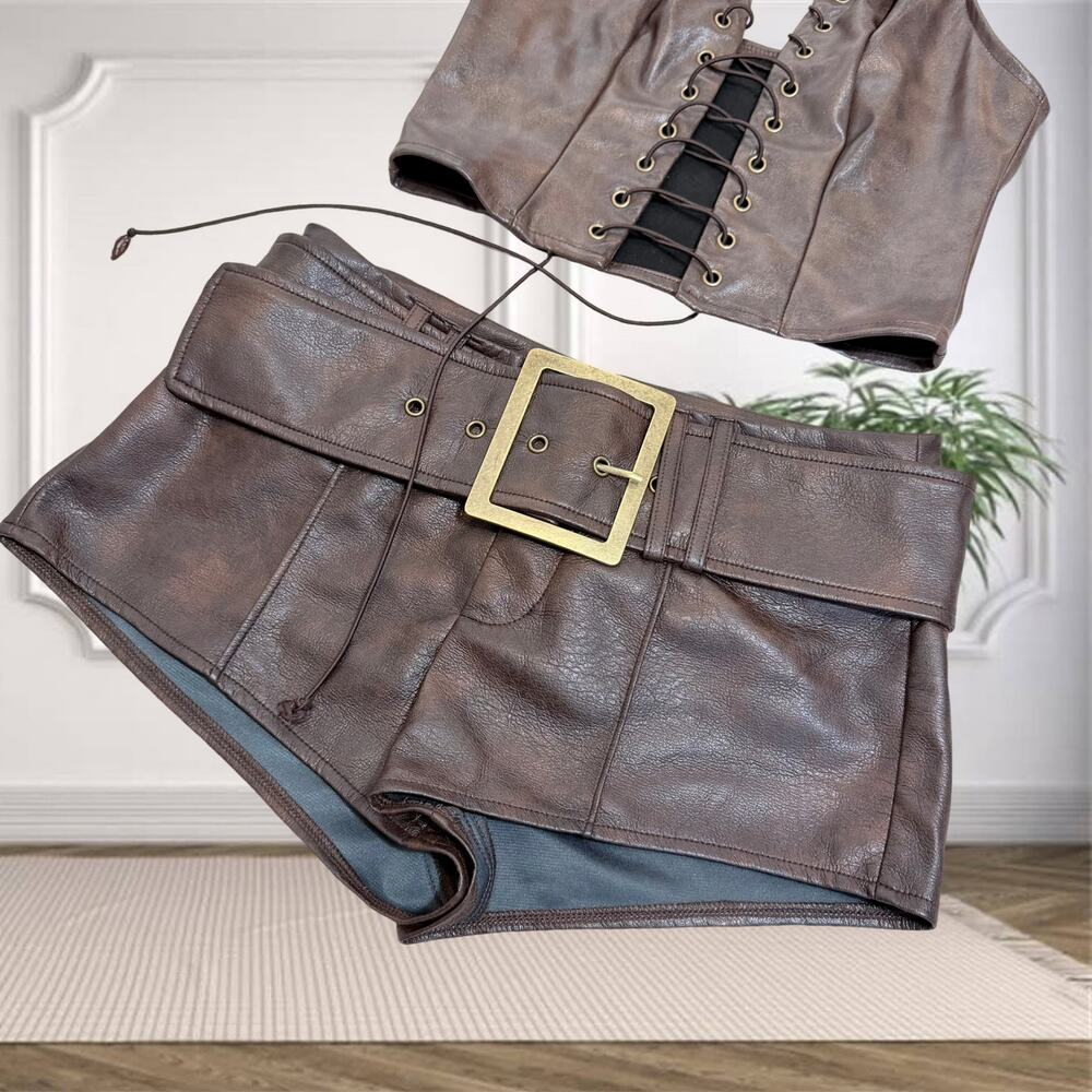 ๐ฅ SHEIN BAE Brown PU Lace-Up Halter Corset + Belted Mini Shorts Set ๐ฅ - Picture 7 of 8